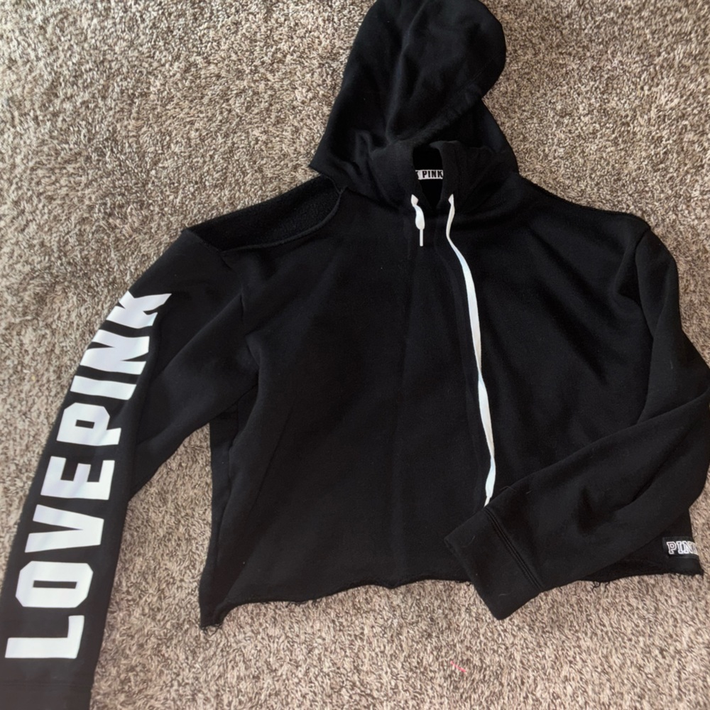 Victoria’s Secret Pink cold shoulder hoodie. Black VS shoulder-less hoodie sz L